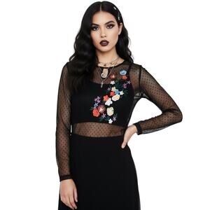 Guess Embroidered Sheer Mesh Top Womens S Black Floral Whimsygoth Gothic Punk